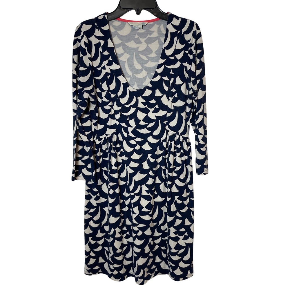 Boden Long Sleeve Printed Dress Blueā White 6R Womens Scoop Neck Knee Length